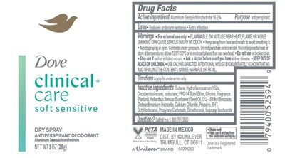 Label (Dove Clinical + Care Soft Sensitive Dry Spray Antiperspirant Deodorant   Label)